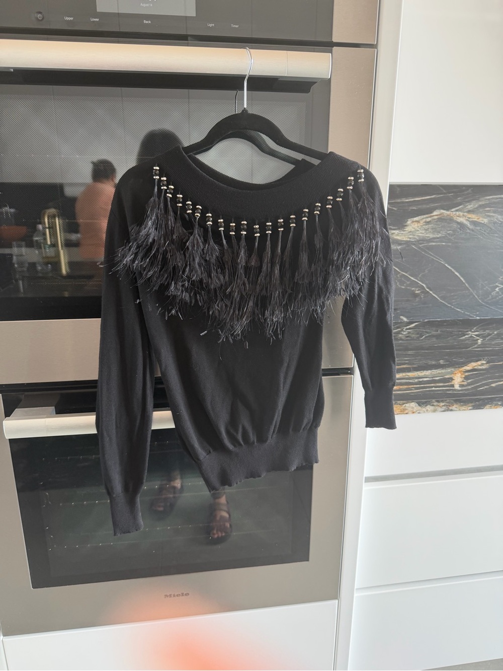 Gianne Versace Vintage Black Feather-Trim Knit Sweater